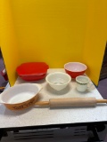 Pyrex, rolling pin, chicken apron