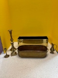 Two solid brass planters, 3 brass candlesticks, brass vase