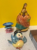 Chalkware lady, lefton bluebird wall pocket, Kreiss psycho ceramics ash tray