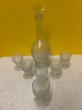 elegant etched glass decanter, and 6 matching stems