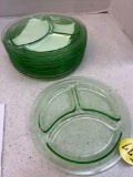 set of 9 vintage depression, glass uranium green glass divided Grill plates