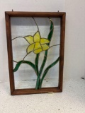 Framed stained glass, leaded window of daffodil