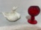 hull pottery Swan planter and Ruby Fenton beaded ivy ball vase