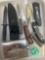 knives, Canadian Club whiskey flask, fancy safety razor, white sewing machine knife