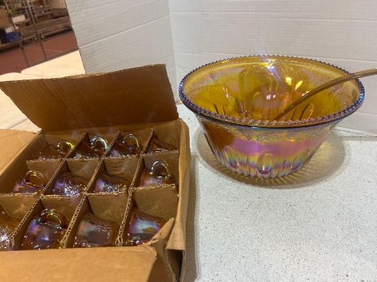 Indiana glass iridescent harvest gold carnival glass punch bowl set