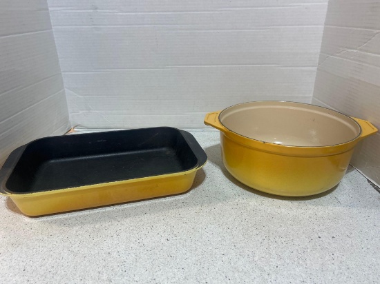 LECREUSET enamel cast iron baking dish and cast iron pot