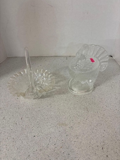 Fenton clear glass strawberry candy dish, LE Smith turkey candy dish