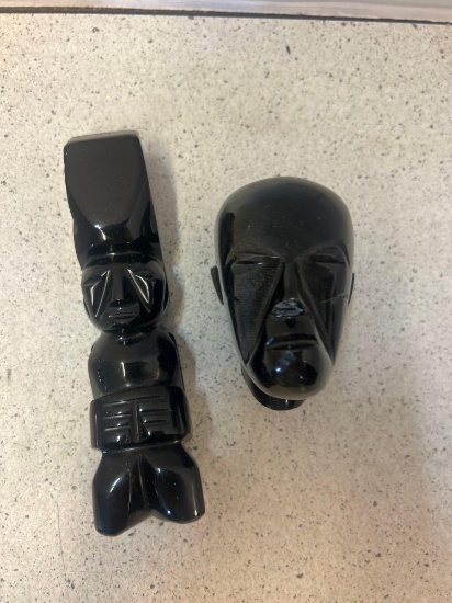 2 black onyx obsidian figures, head and God