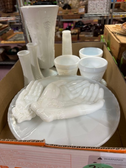 Large milk glass, including a cake plate