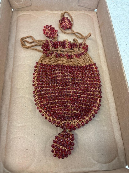 Vintage red glass beaded crocheted cinch purse
