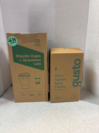 50 16 ounce plastic cups and straw list, lids, square base carafe set of four
