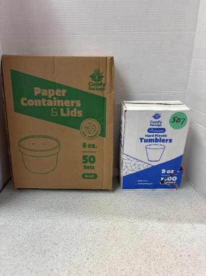 50 sets of paper containers and lids, 100 hard plastic tumblers