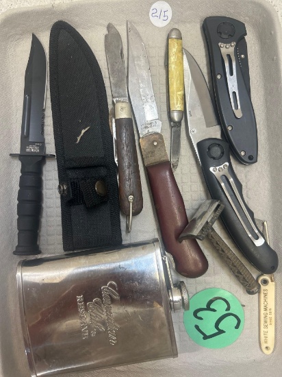 knives, Canadian Club whiskey flask, fancy safety razor, white sewing machine knife