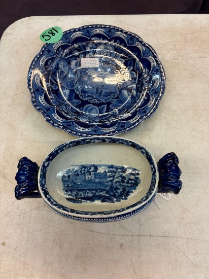 Early Staffordshire blue and white historical plate and small tureen