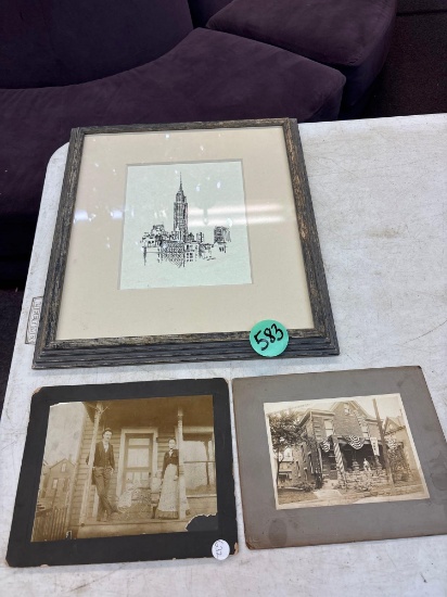 Framed Ink of New York City skyline, and two antique photos