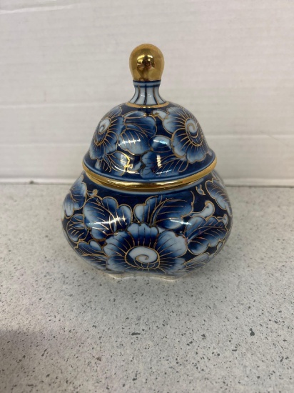 flow blue gold trim covered jar