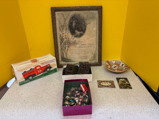 1938 cradle roll certificate, Vintage small Christmas ornaments