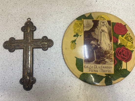 Virgin Mary with roses and a large cross ornate