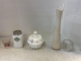 Westmoreland roses and bowl, Covered jar, pottery swung vase, glass pepper shaker hazel Atlas,