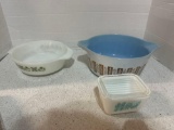 vintage Pyrex casserole dishes and refrigerator dish