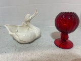 hull pottery Swan planter and Ruby Fenton beaded ivy ball vase