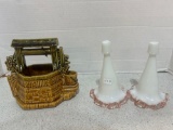Fenton rose crest horn epergnes and McCoy wishing well planter