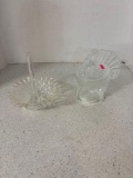 Fenton clear glass strawberry candy dish, LE Smith turkey candy dish