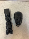 2 black onyx obsidian figures, head and God