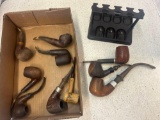 10 vintage pipes with pipe rack