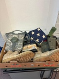 Military items, flag, boots, etc.