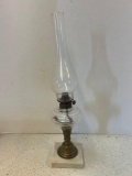 antique oil lamp, glass and brass with marble base