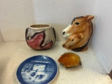royal copley horse and floral vase and rosevillev pinhole ashtray chip, royal copenhagen plate