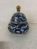 flow blue gold trim covered jar