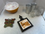 Pyrex, vintage glasses, trivets