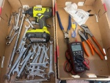 multimeter, wrench set, Ryobi drill with battery