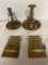 Korean temple brass bookends, and two brass candleholders