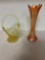 Viking satin glass basket, Carnival glass marigold swung vase