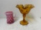 Denton amber double ruffle footed compote and cranberry opalescent coin spot creamer