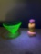 DEGENHART lemon custard glass owl, glows lightly uranium, and glass sherbet glows highly