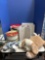 Miscellaneous lot includes storage containers, Christmas plate sets, Plush animal