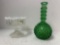 green glass hobnail vase and Fenton art glass painted candy dish