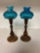Vintage candleholders, wood bottom, blue glass globes