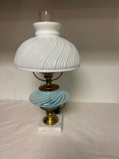 Fenton blue swirl milk glass shade lamp