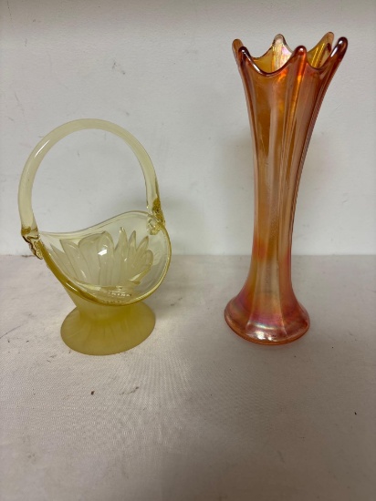 Viking satin glass basket, Carnival glass marigold swung vase