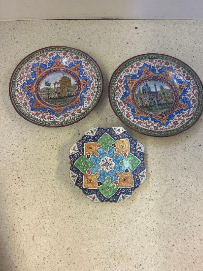 3 enamel copper Persian dishes