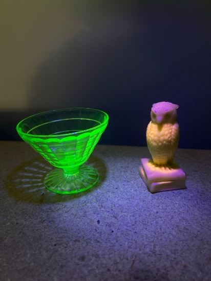 DEGENHART lemon custard glass owl, glows lightly uranium, and glass sherbet glows highly