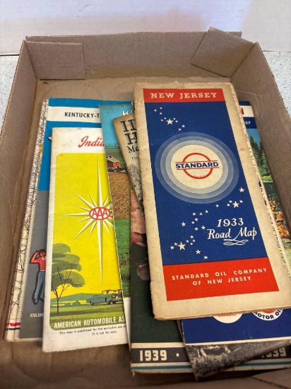 Nine vintage auto maps, Some from 1930s