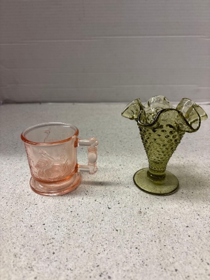 Degenhart peacock and stork childs pink depression cup mug