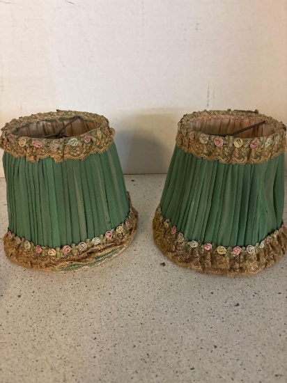 Antique pair of green silk and lace lampshades