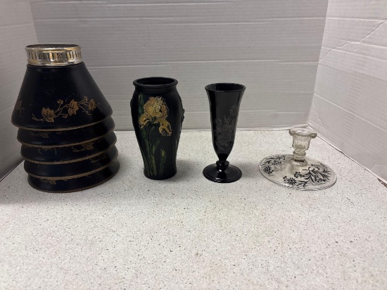 Tiffin Black amethyst Satin vase, LE Smith Black amethyst glass vase